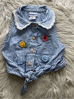 Vintage Y2K Buster Brown Blue Gingham Cottagecore Crop Top Shirt Girls Size 5